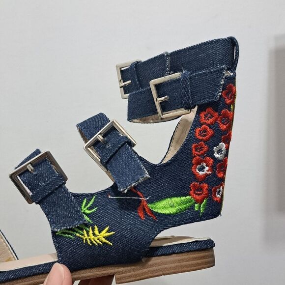 Vintage Havana Nina Black Denim Floral Embroidered Gladiator Sandal Size 8 Blue - Picture 11 of 15